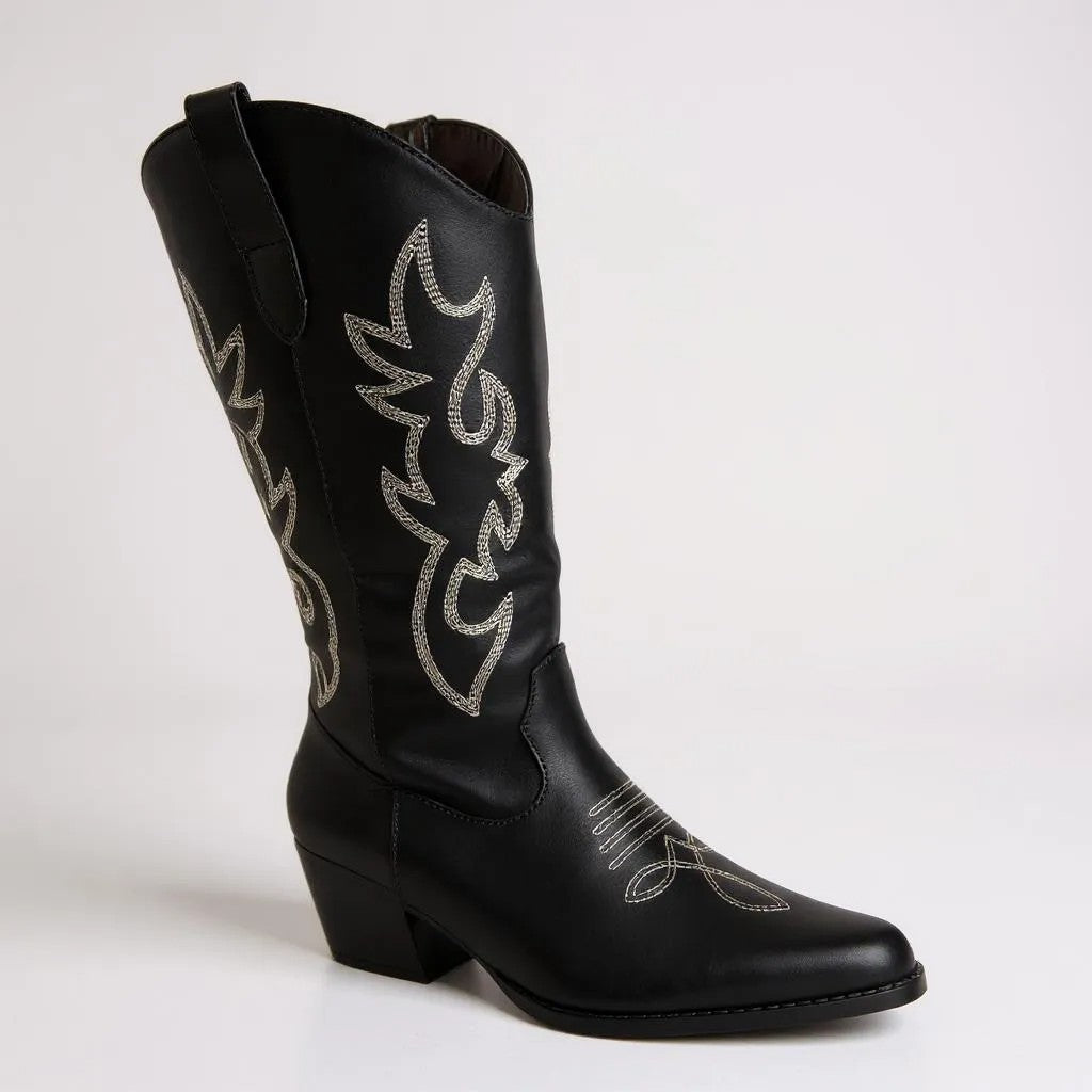 Women Western Cowboy Stitched Pointed Toe Mid-Calf High Chunky Low Heel Boots