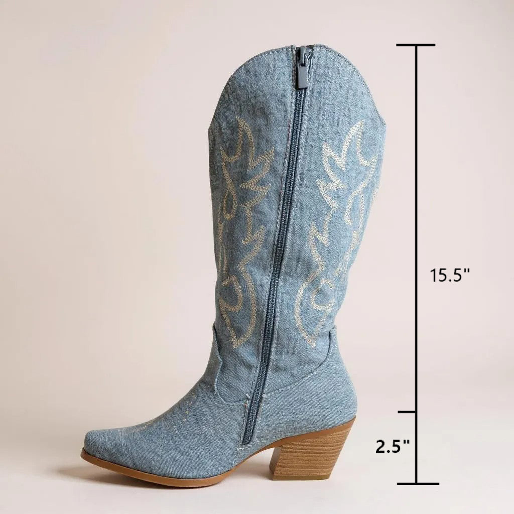 Women Western Cowboy Stitched Pointed Toe Mid-Calf High Chunky Low Heel Boots