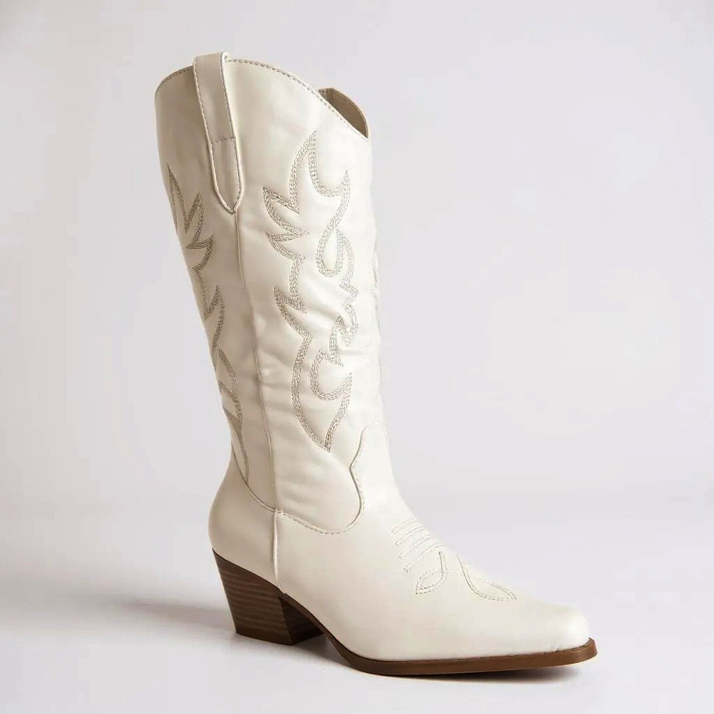 Women Western Cowboy Stitched Pointed Toe Mid-Calf High Chunky Low Heel Boots