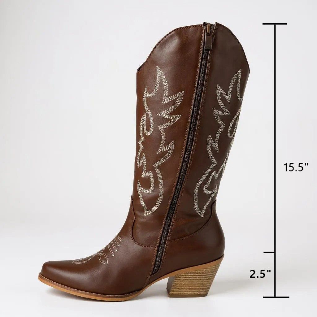Women Western Cowboy Stitched Pointed Toe Mid-Calf High Chunky Low Heel Boots