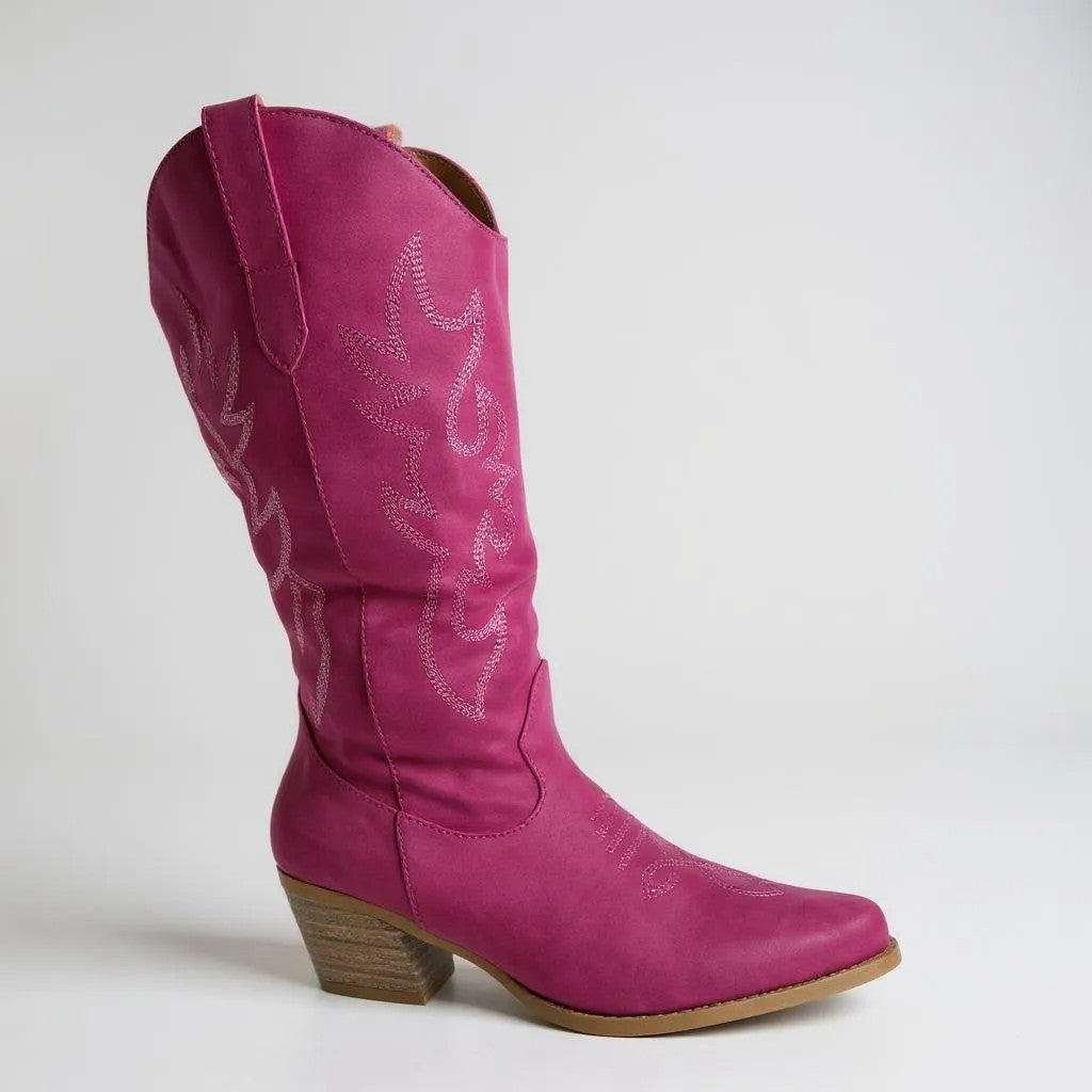 Women Western Cowboy Stitched Pointed Toe Mid-Calf High Chunky Low Heel Boots