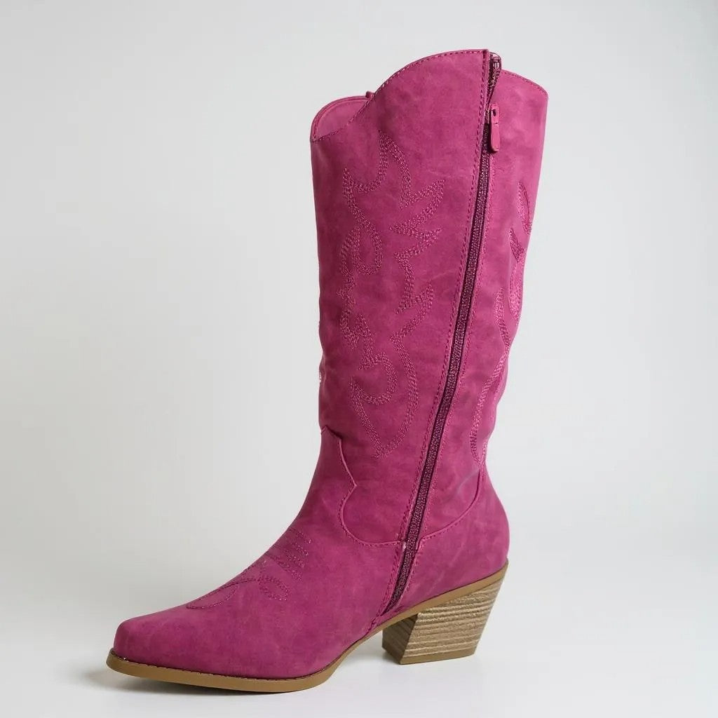 Women Western Cowboy Stitched Pointed Toe Mid-Calf High Chunky Low Heel Boots