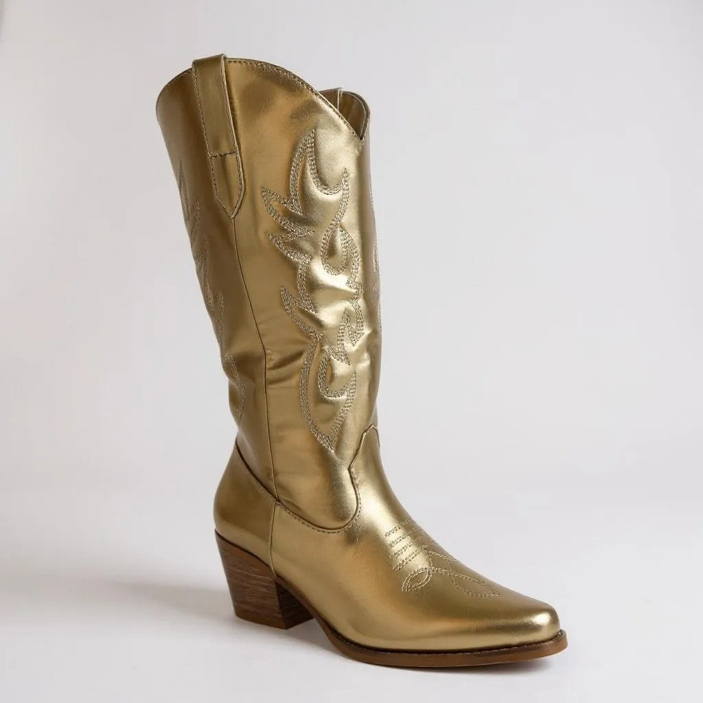 Women Western Cowboy Stitched Pointed Toe Mid-Calf High Chunky Low Heel Boots