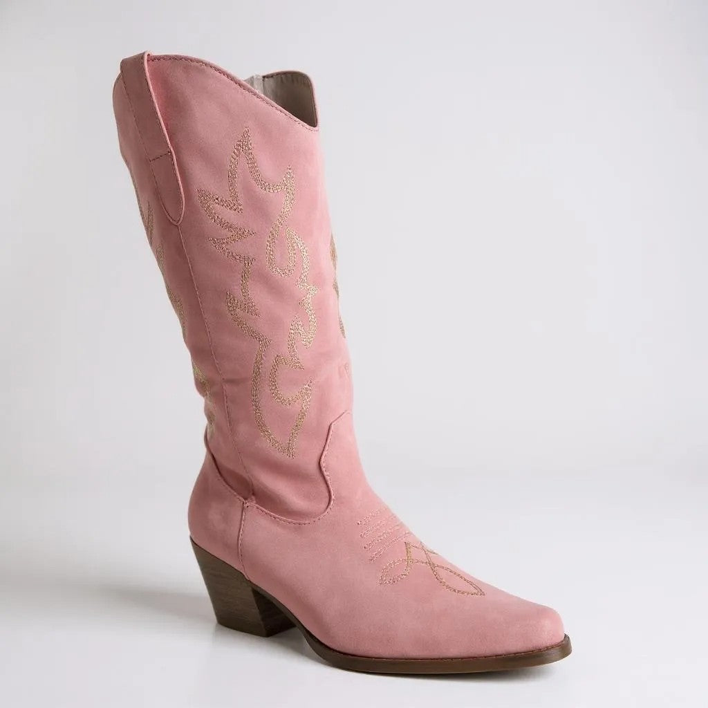 Women Western Cowboy Stitched Pointed Toe Mid-Calf High Chunky Low Heel Boots