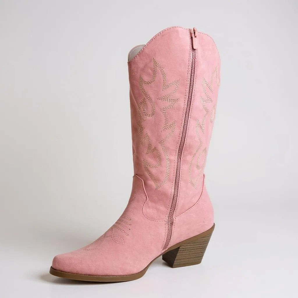 Women Western Cowboy Stitched Pointed Toe Mid-Calf High Chunky Low Heel Boots