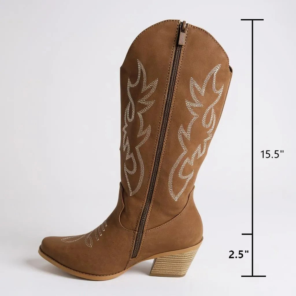 Women Western Cowboy Stitched Pointed Toe Mid-Calf High Chunky Low Heel Boots