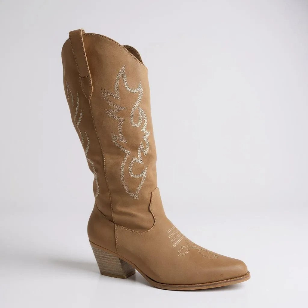 Women Western Cowboy Stitched Pointed Toe Mid-Calf High Chunky Low Heel Boots