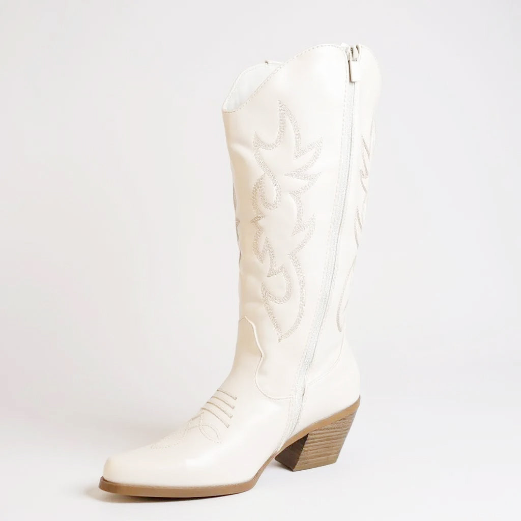 Women Western Cowboy Stitched Pointed Toe Mid-Calf High Chunky Low Heel Boots