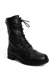 Women Round Toe Lace Up Knit Side Zip Ankle Cuff Low Heel Military Combat Boots