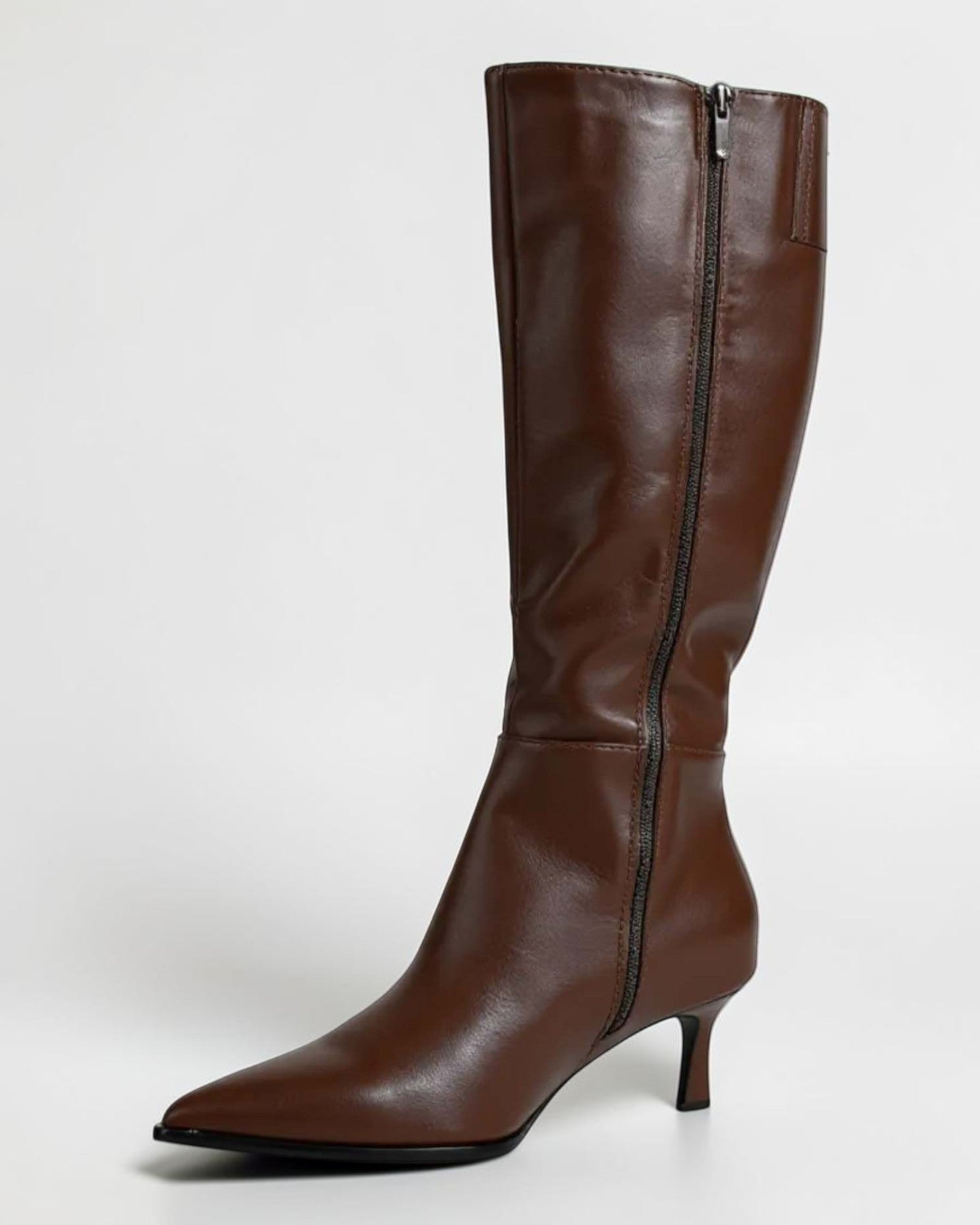 Fashion Mes Women Fashion Pointed-Toe Knee-High Kitten Heel Boots | Side Zipper