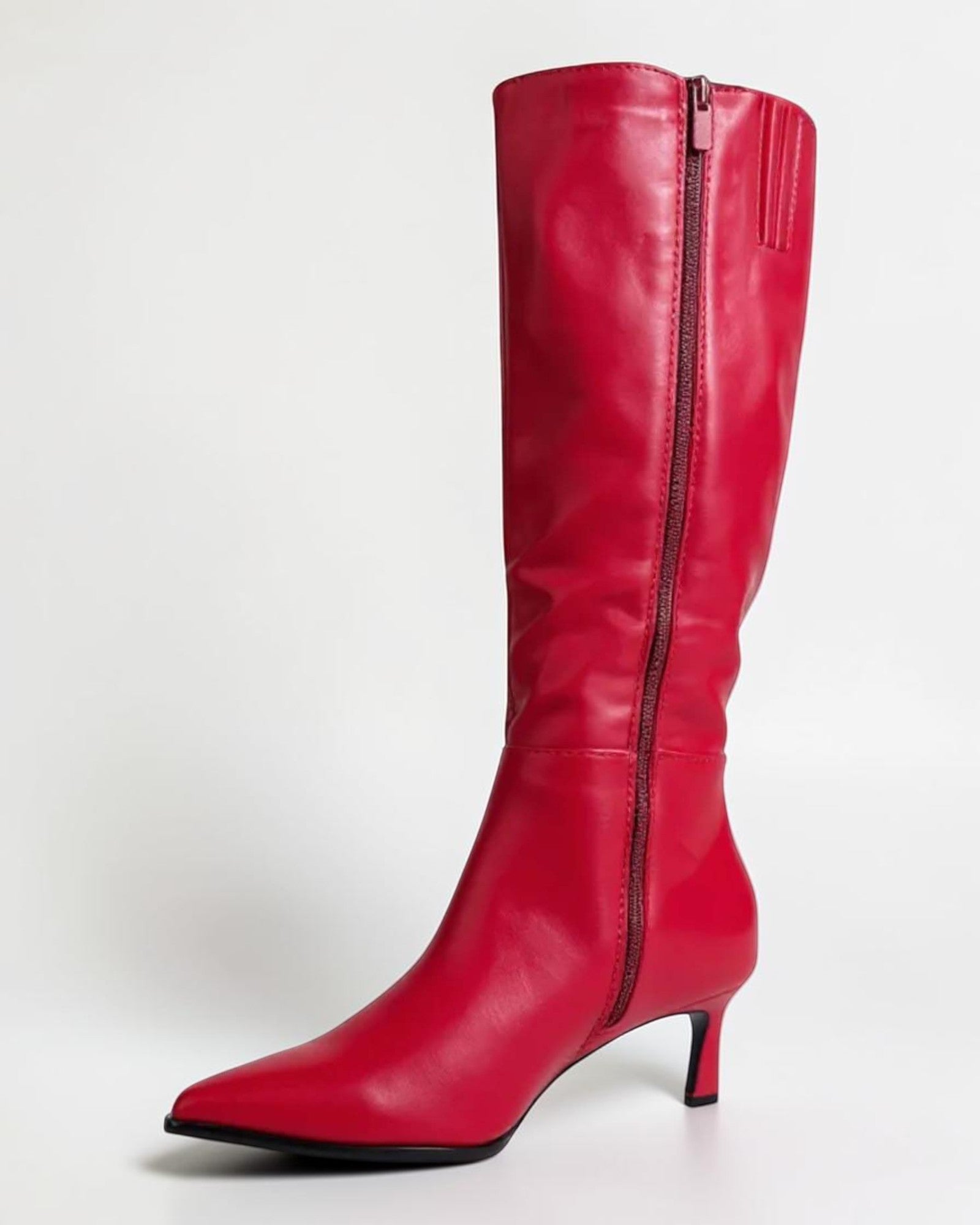 Fashion Mes Women Fashion Pointed-Toe Knee-High Kitten Heel Boots | Side Zipper