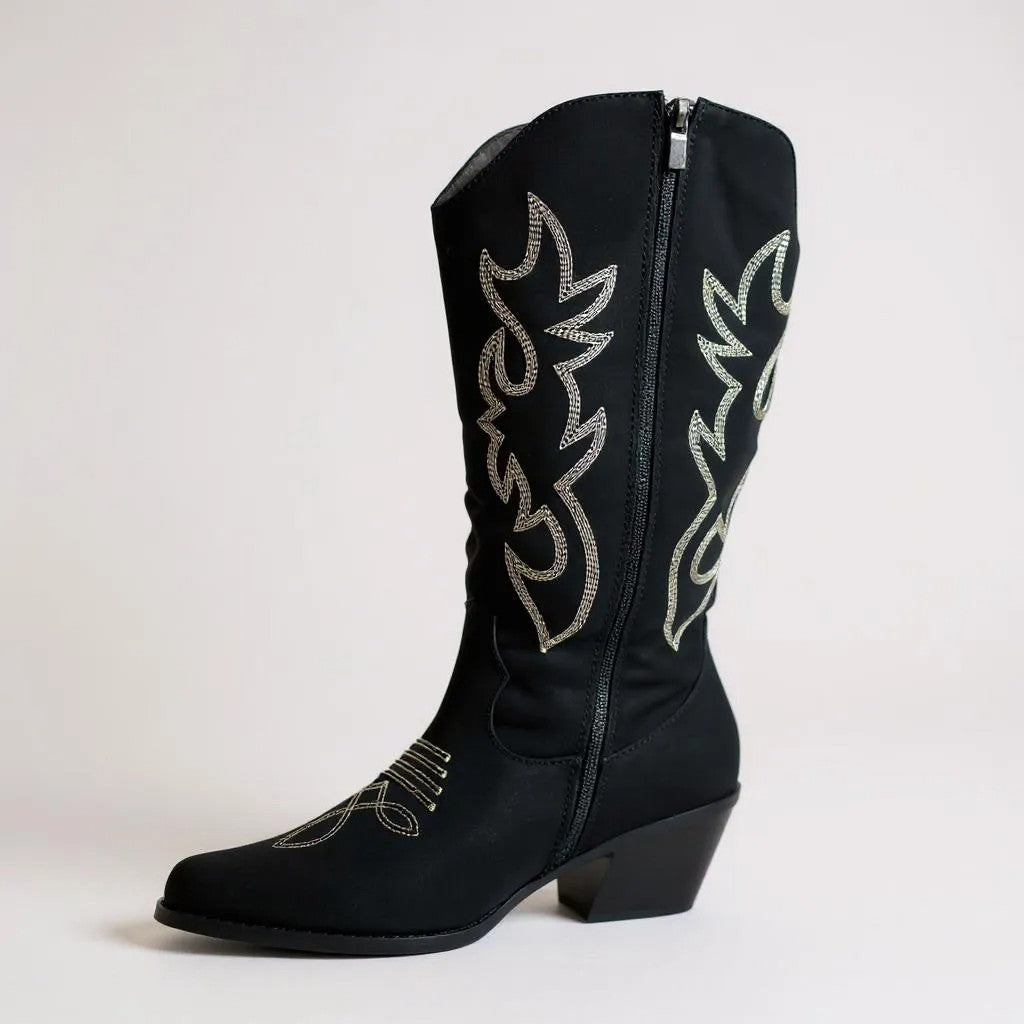 Women Western Cowboy Stitched Pointed Toe Mid-Calf High Chunky Low Heel Boots