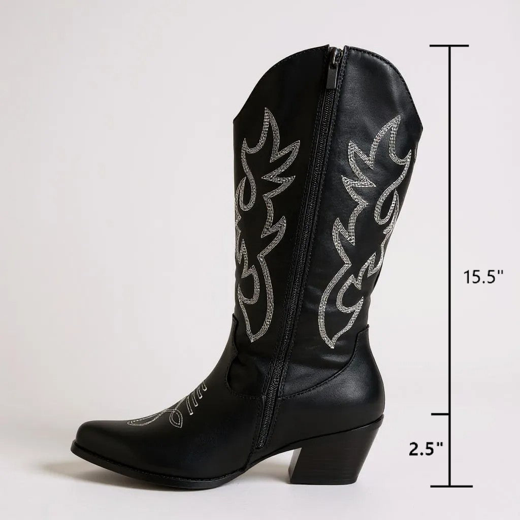 Women Western Cowboy Stitched Pointed Toe Mid-Calf High Chunky Low Heel Boots