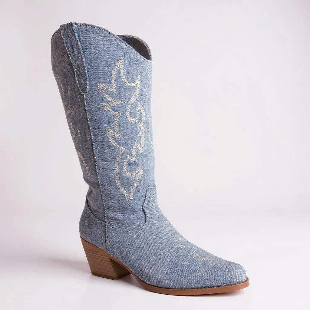 Women Western Cowboy Stitched Pointed Toe Mid-Calf High Chunky Low Heel Boots