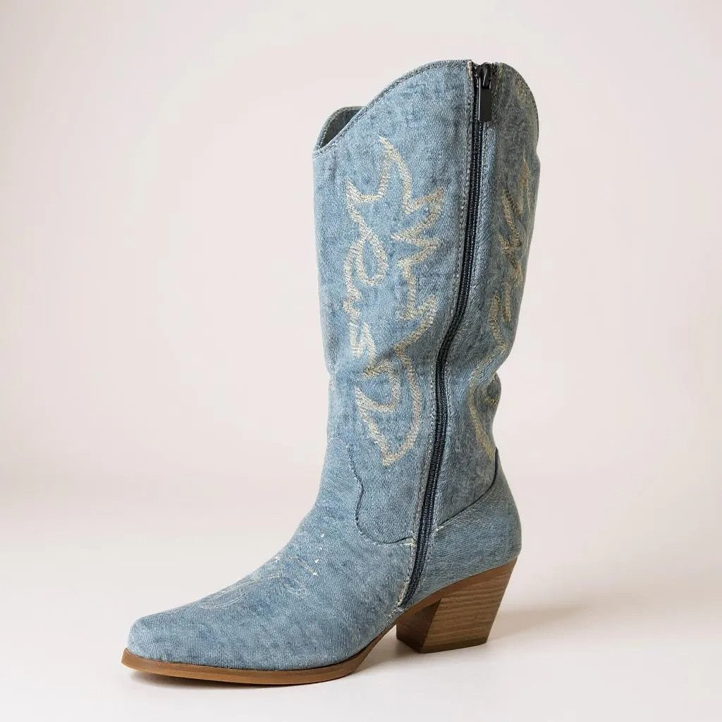 Women Western Cowboy Stitched Pointed Toe Mid-Calf High Chunky Low Heel Boots