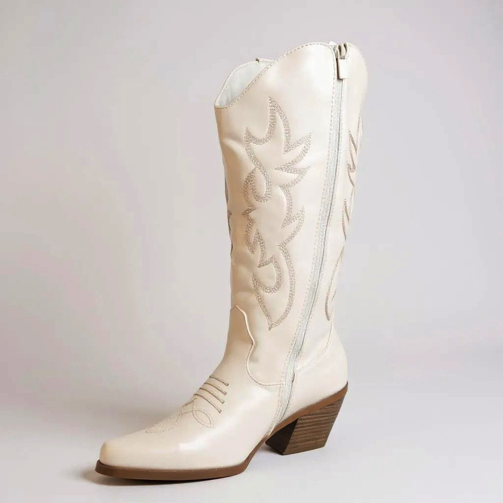 Women Western Cowboy Stitched Pointed Toe Mid-Calf High Chunky Low Heel Boots