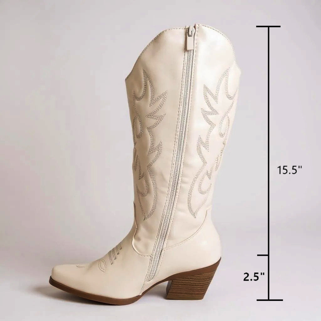 Women Western Cowboy Stitched Pointed Toe Mid-Calf High Chunky Low Heel Boots