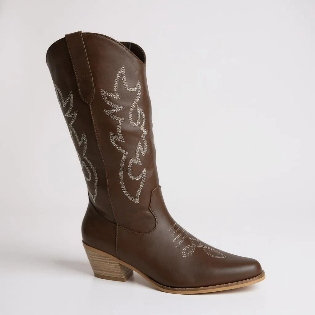 Women Western Cowboy Stitched Pointed Toe Mid-Calf High Chunky Low Heel Boots