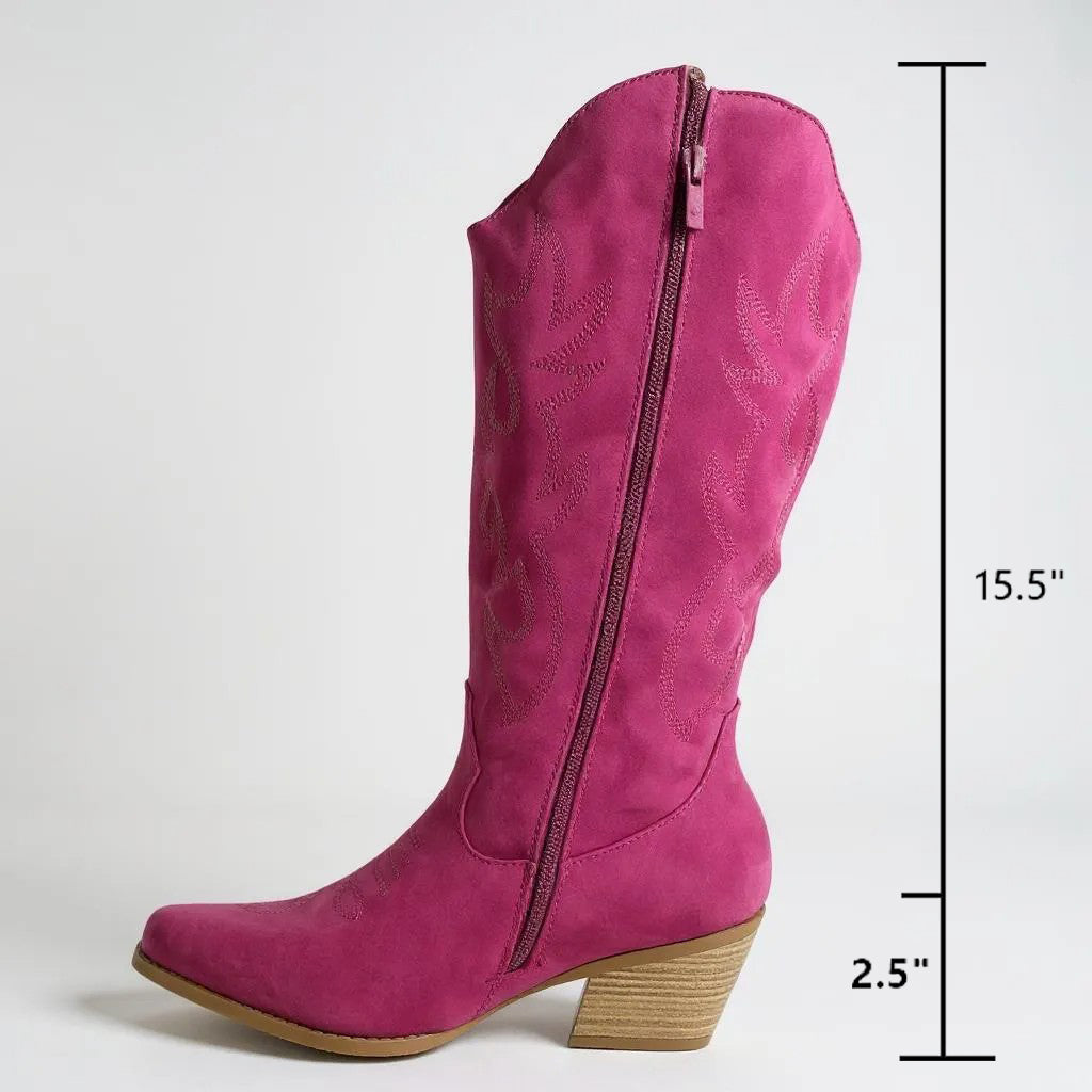 Women Western Cowboy Stitched Pointed Toe Mid-Calf High Chunky Low Heel Boots