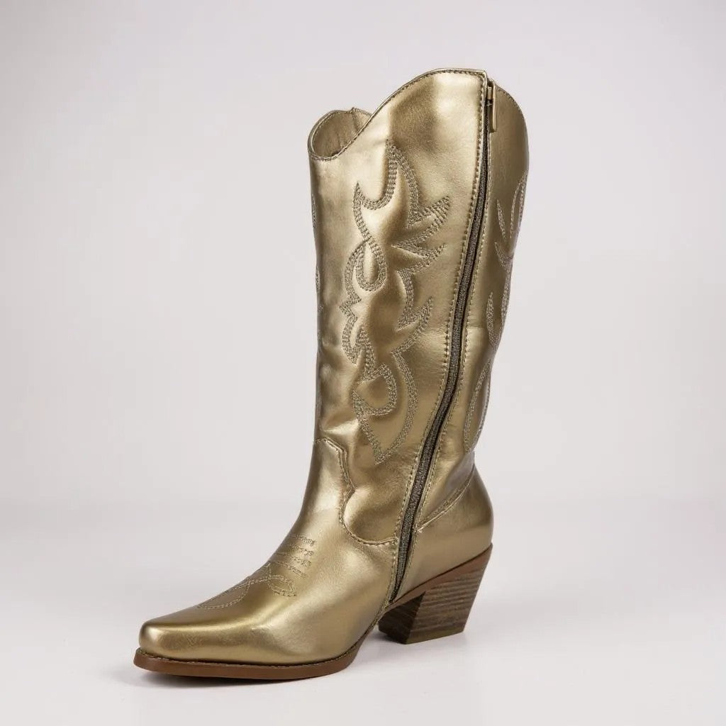 Women Western Cowboy Stitched Pointed Toe Mid-Calf High Chunky Low Heel Boots