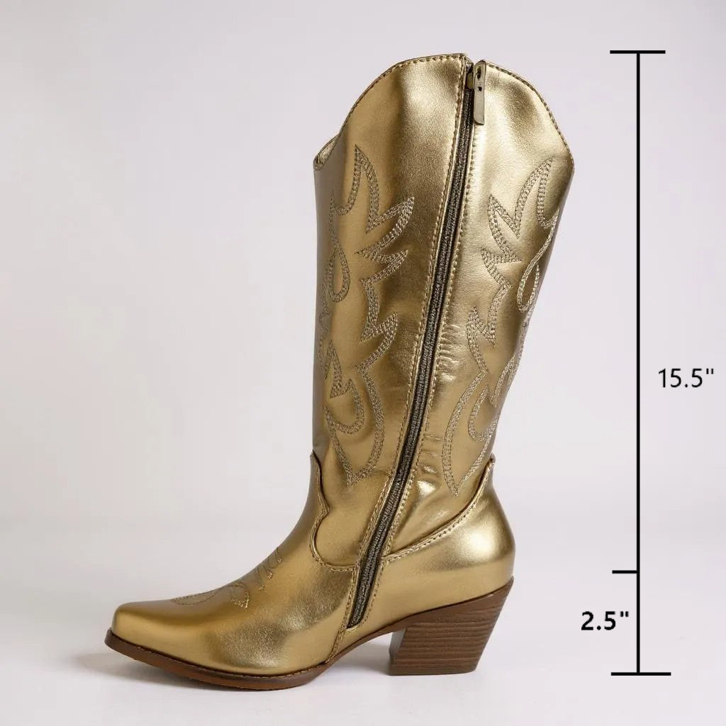 Women Western Cowboy Stitched Pointed Toe Mid-Calf High Chunky Low Heel Boots