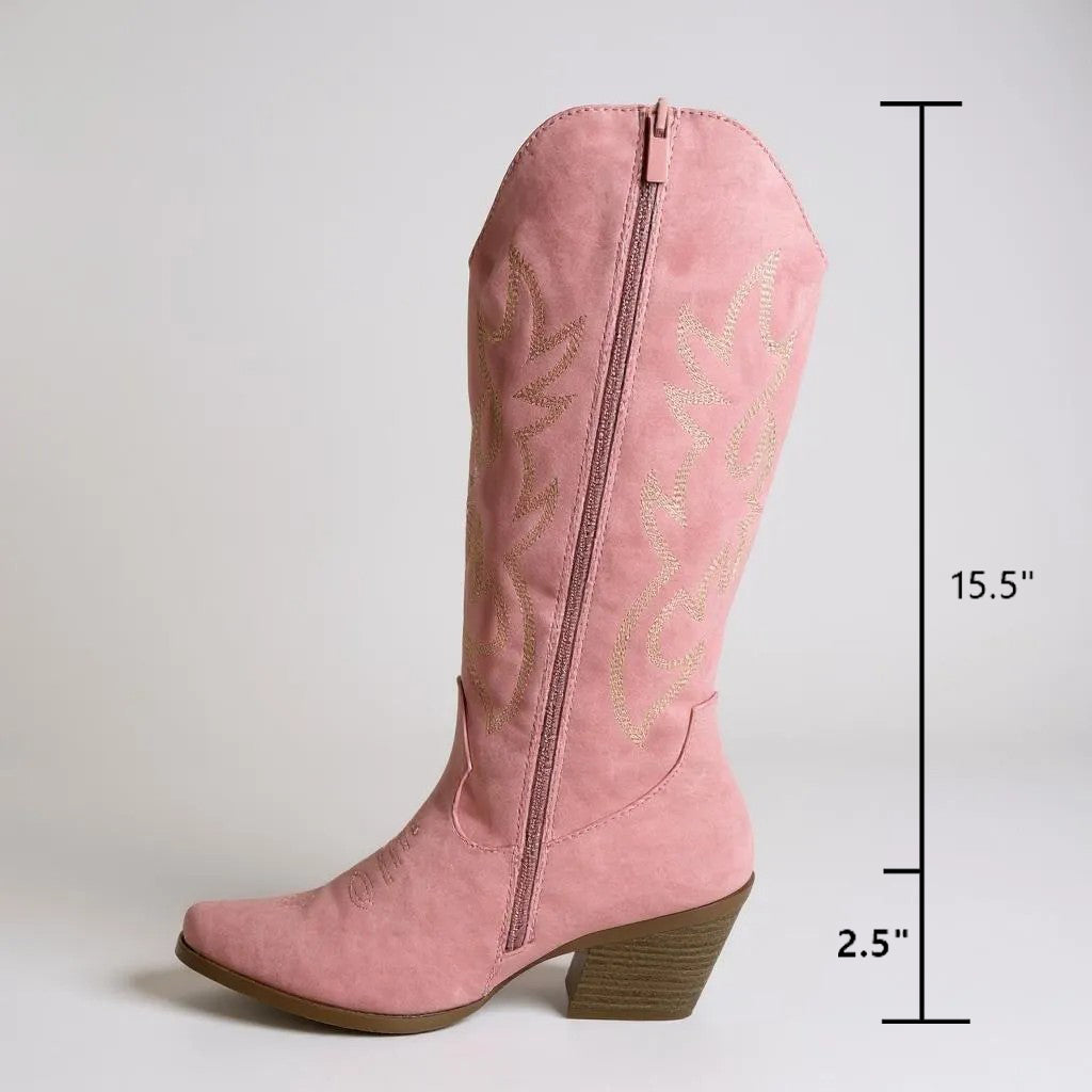 Women Western Cowboy Stitched Pointed Toe Mid-Calf High Chunky Low Heel Boots