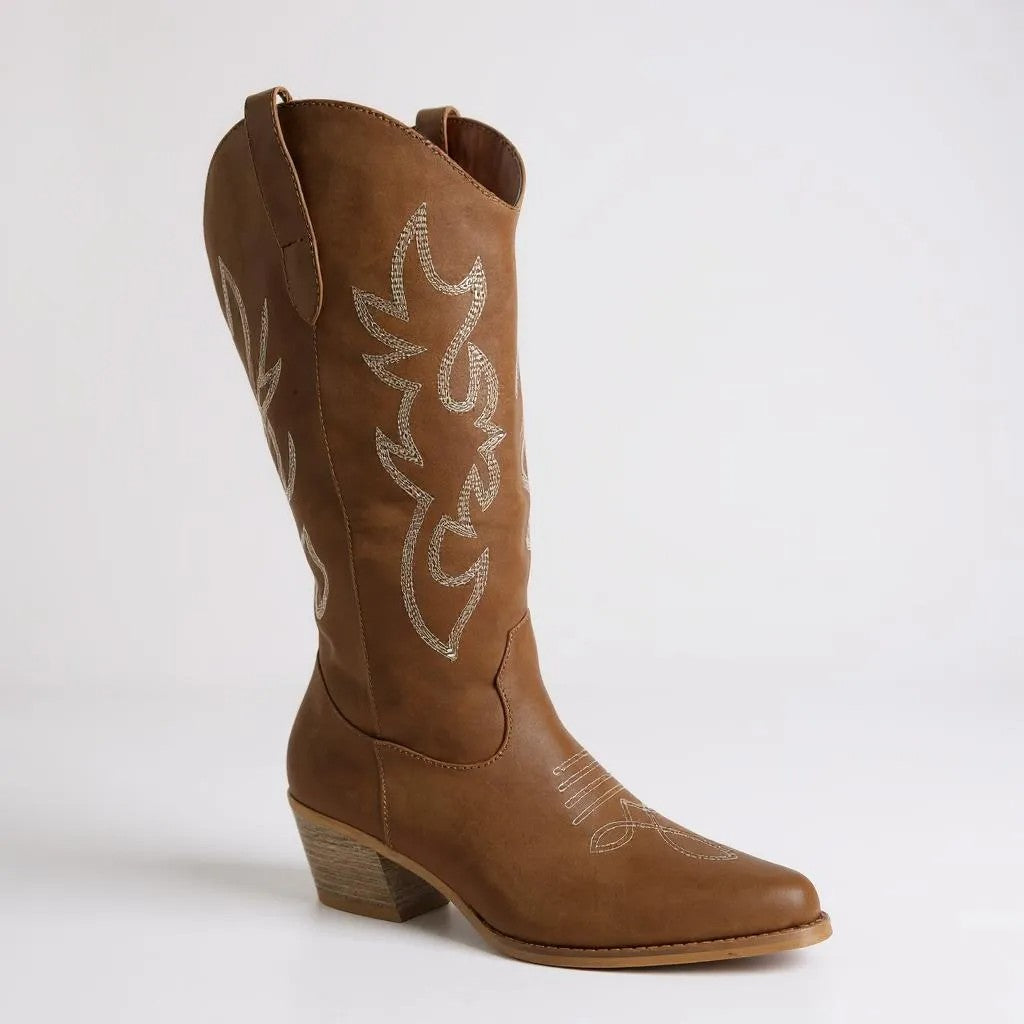 Women Western Cowboy Stitched Pointed Toe Mid-Calf High Chunky Low Heel Boots