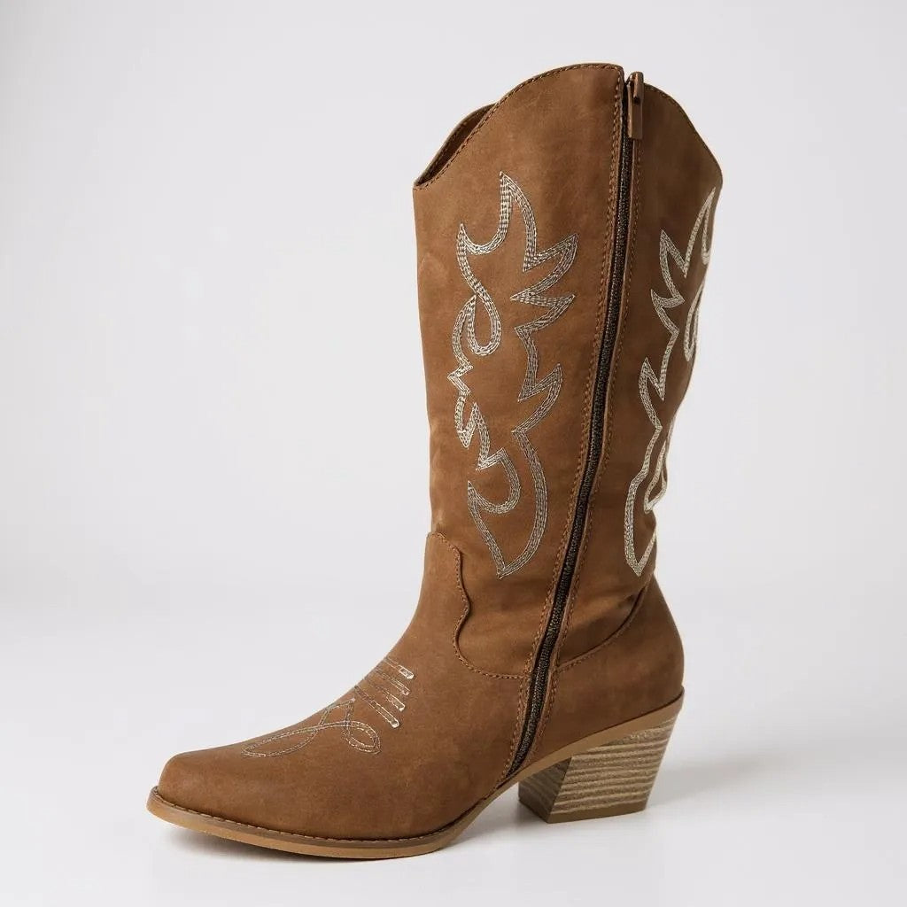 Women Western Cowboy Stitched Pointed Toe Mid-Calf High Chunky Low Heel Boots