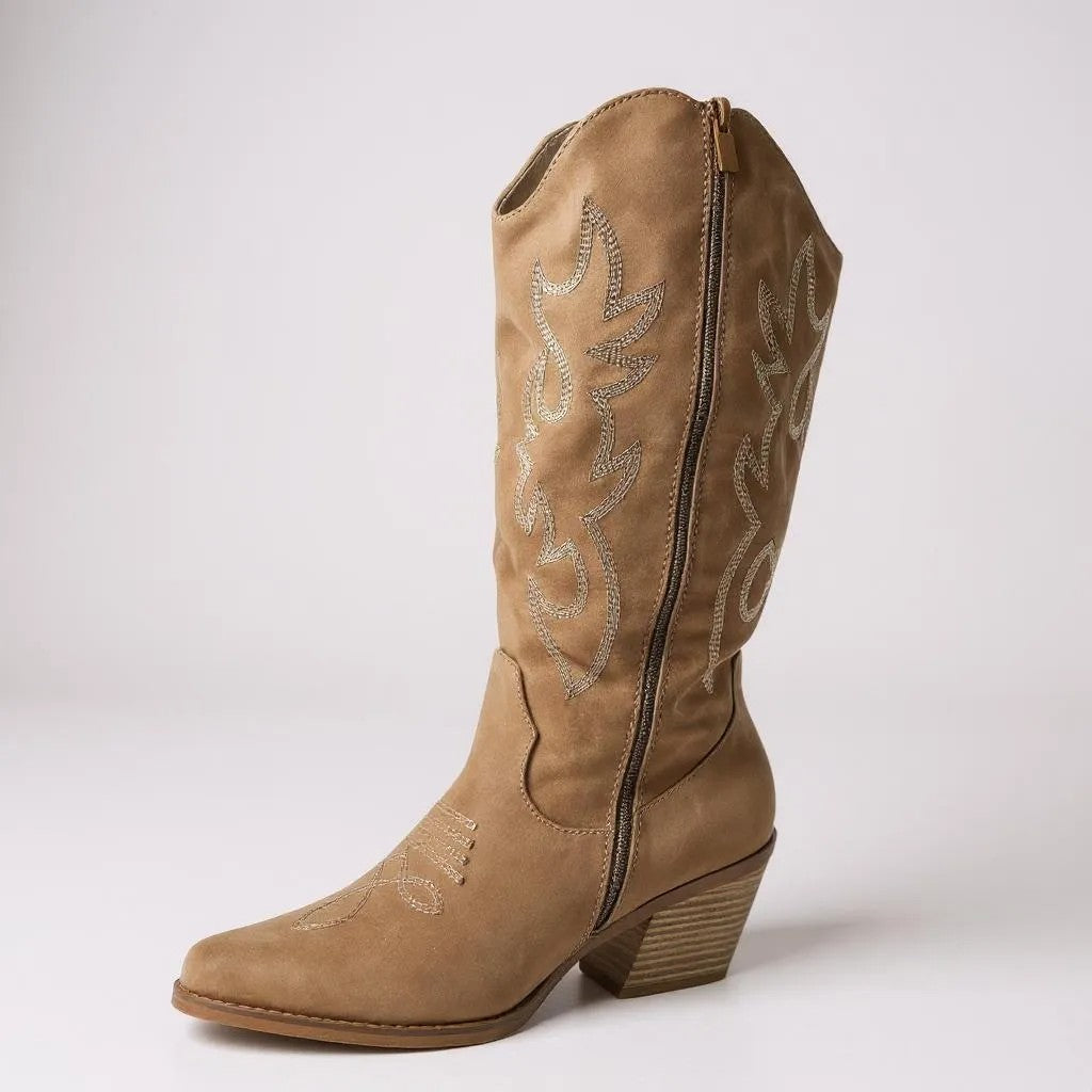 Women Western Cowboy Stitched Pointed Toe Mid-Calf High Chunky Low Heel Boots