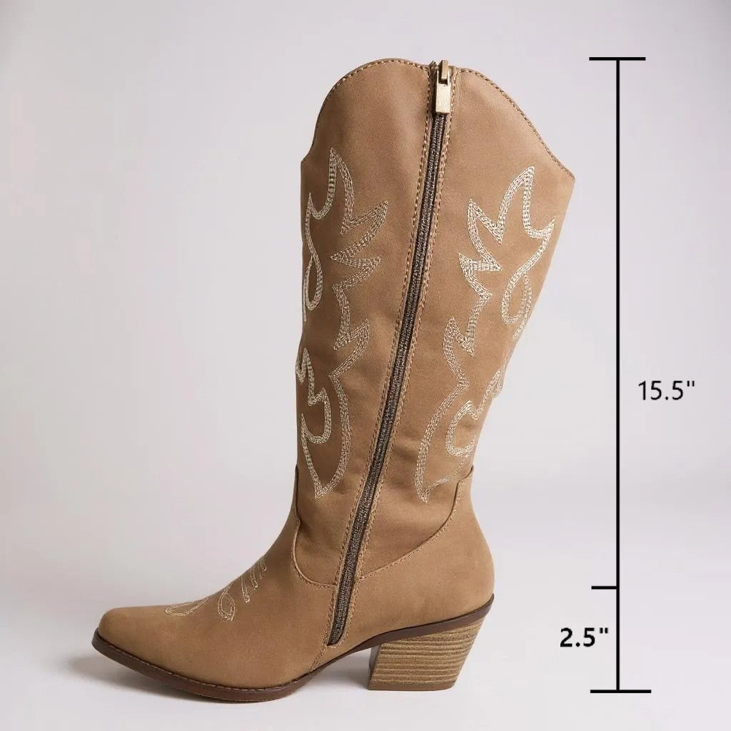 Women Western Cowboy Stitched Pointed Toe Mid-Calf High Chunky Low Heel Boots
