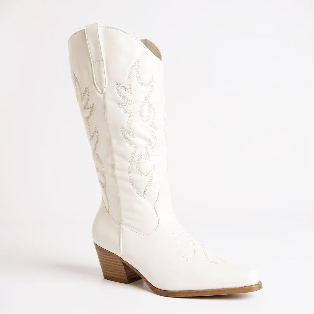 Women Western Cowboy Stitched Pointed Toe Mid-Calf High Chunky Low Heel Boots