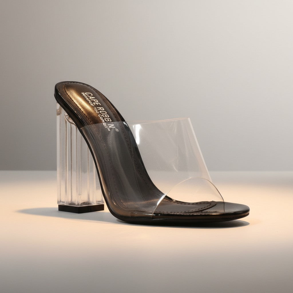 Fashion Mes Women's Chunky Block Heel Mule — Open Toe Transparent Upper High Heel