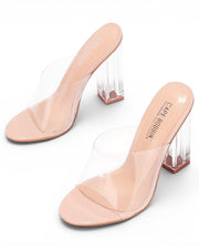 Fashion Mes Women's Chunky Block Heel Mule — Open Toe Transparent Upper High Heel