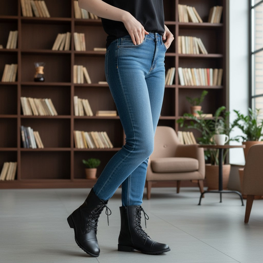 Fashion Mes Women's Military Combat Boots — Lace Up Side Zip Low Heel Ankle Boot