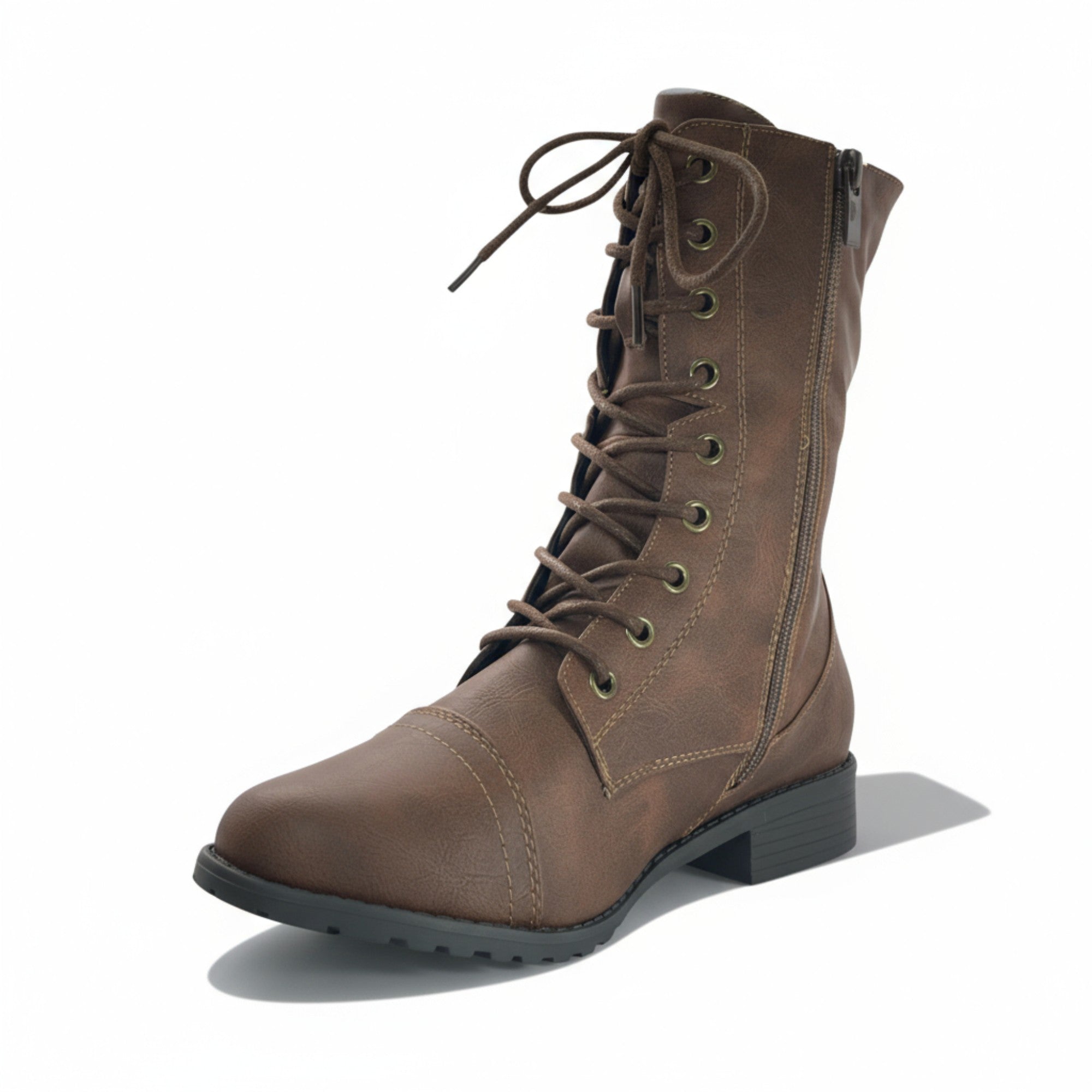 Fashion Mes Women's Military Combat Boots — Lace Up Side Zip Low Heel Ankle Boot
