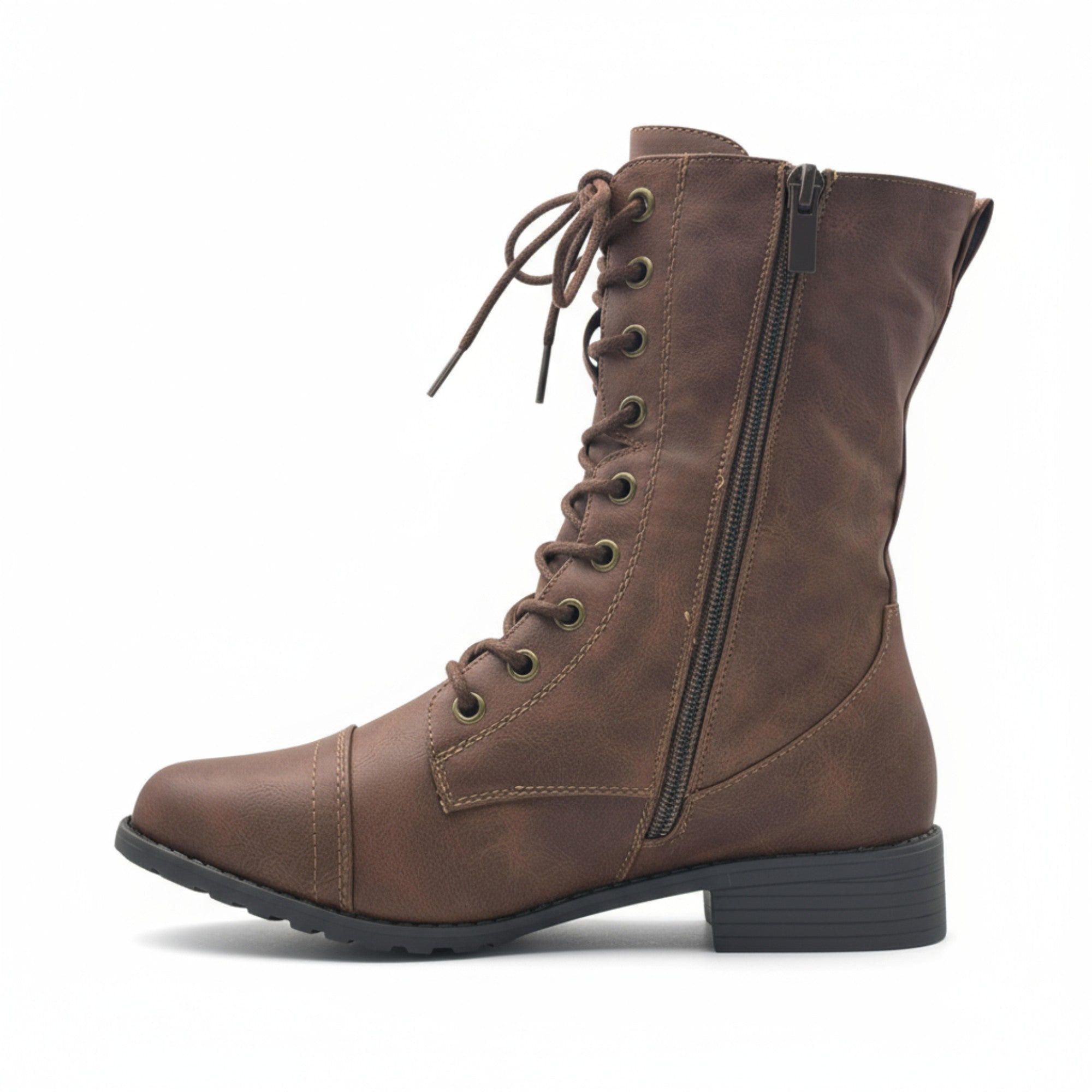 Fashion Mes Women's Military Combat Boots — Lace Up Side Zip Low Heel Ankle Boot