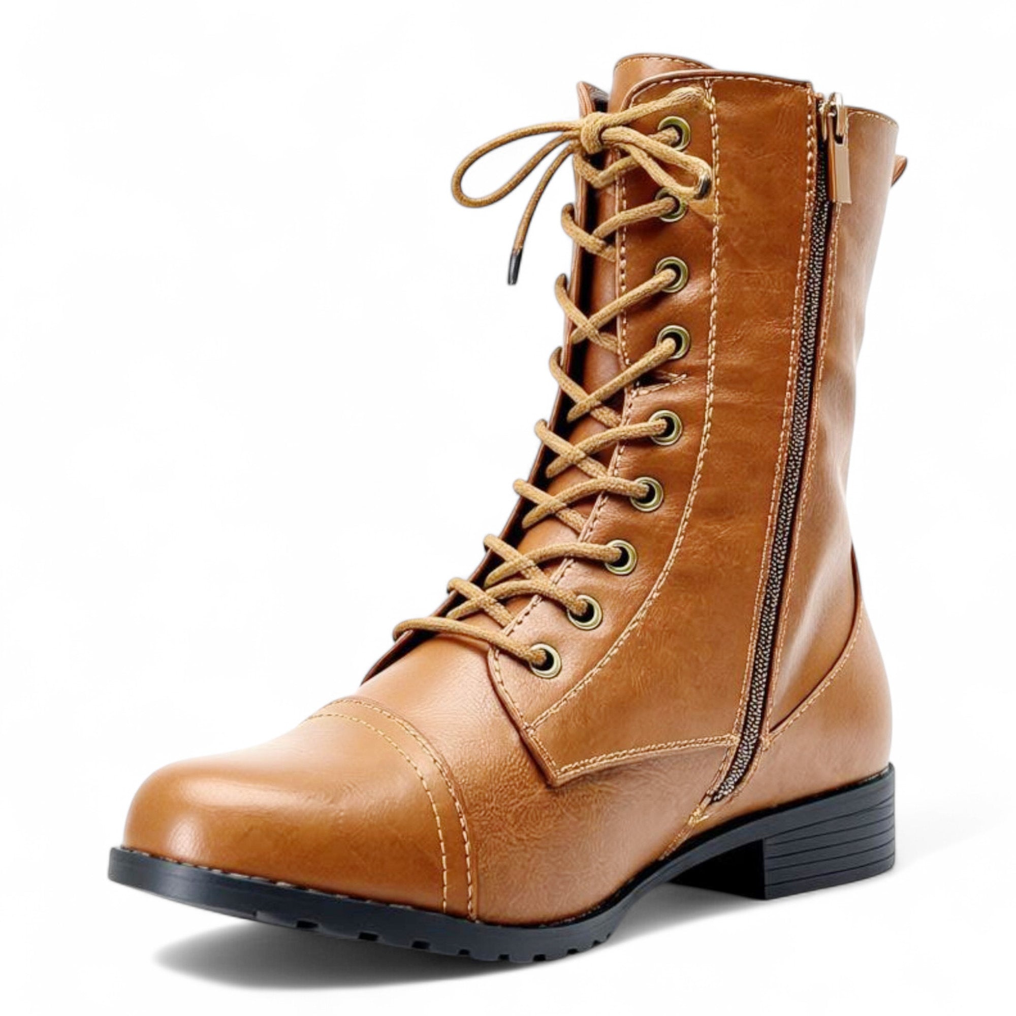 Fashion Mes Women's Military Combat Boots — Lace Up Side Zip Low Heel Ankle Boot