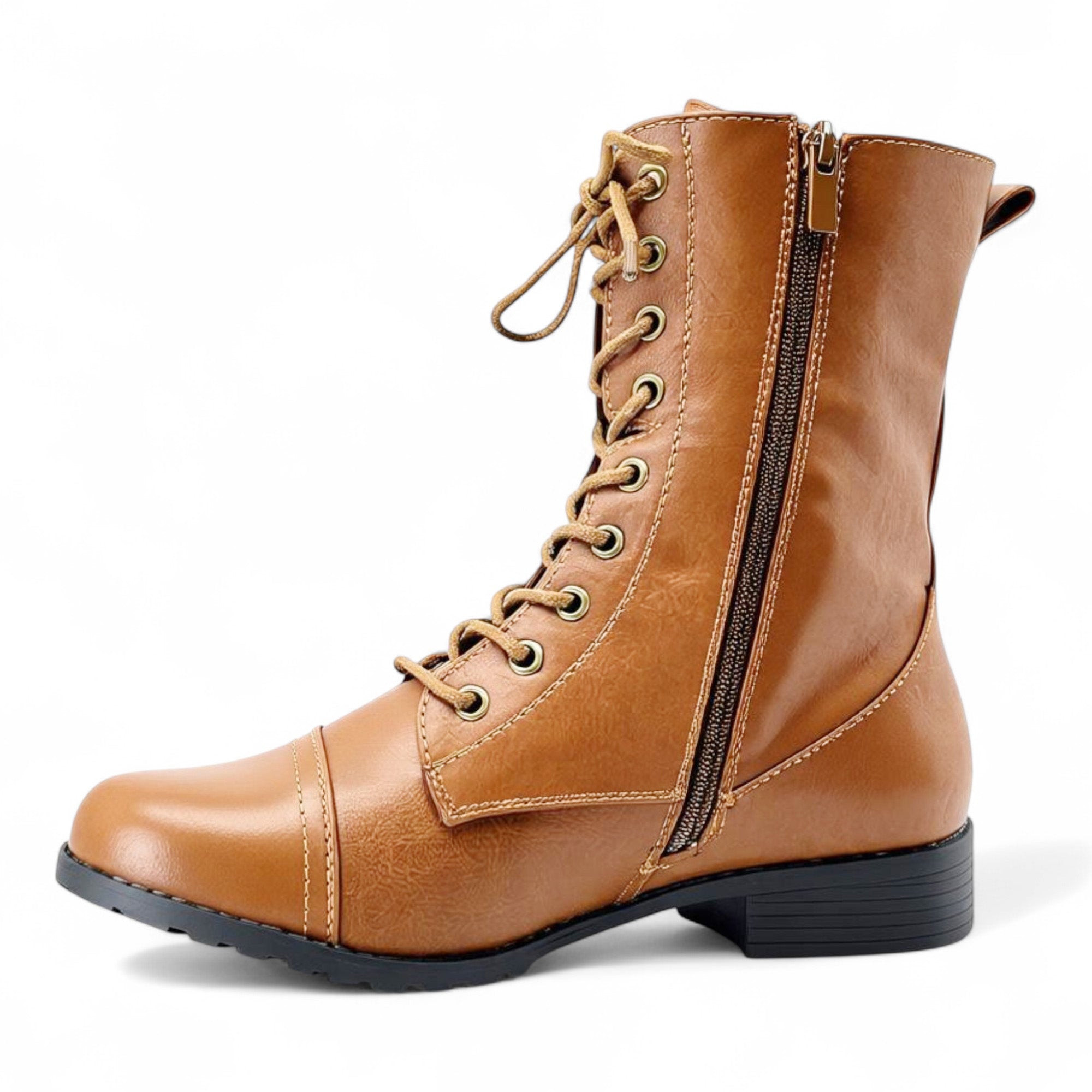 Fashion Mes Women's Military Combat Boots — Lace Up Side Zip Low Heel Ankle Boot