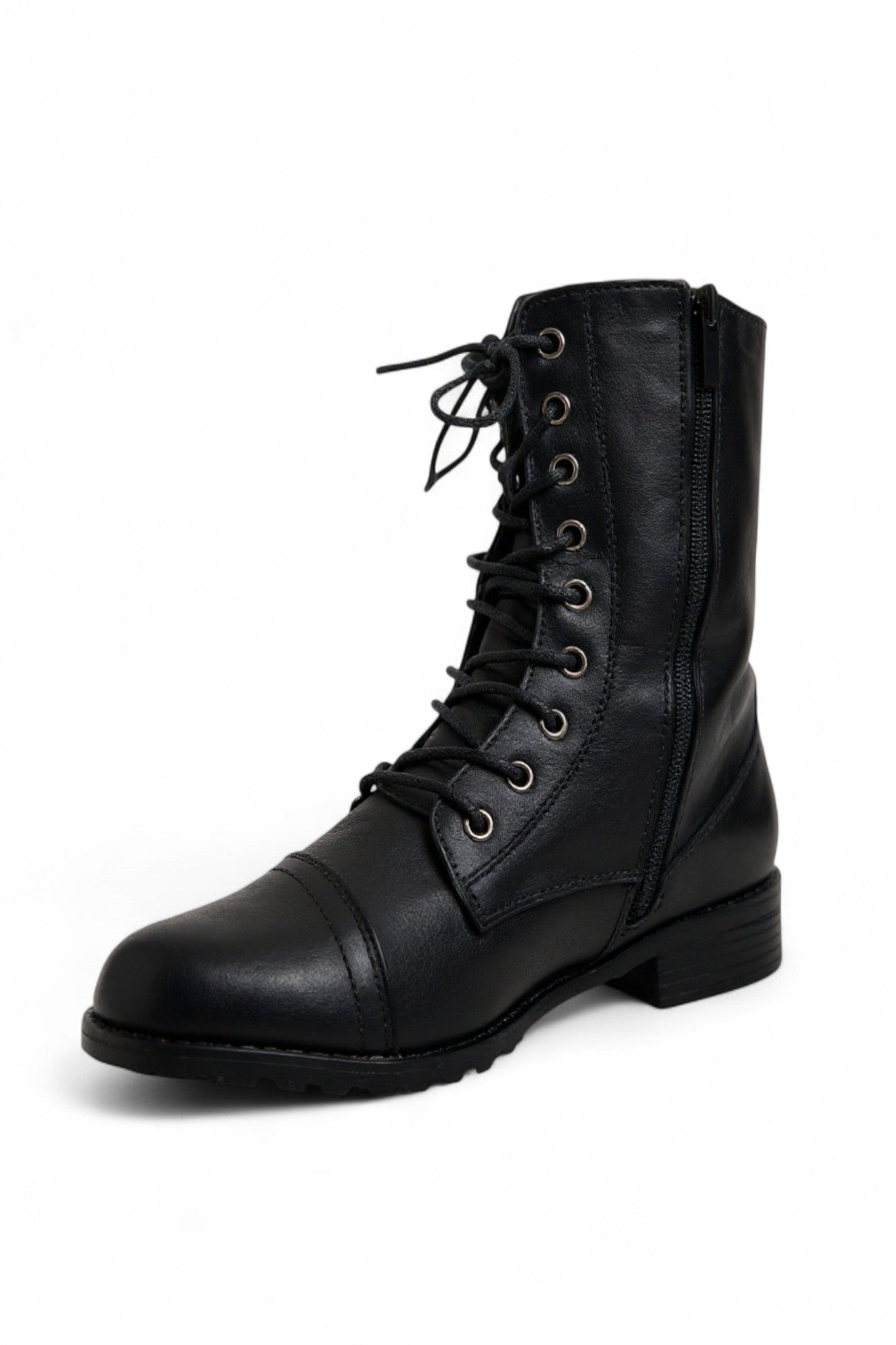 Women Round Toe Lace Up Knit Side Zip Ankle Cuff Low Heel Military Combat Boots