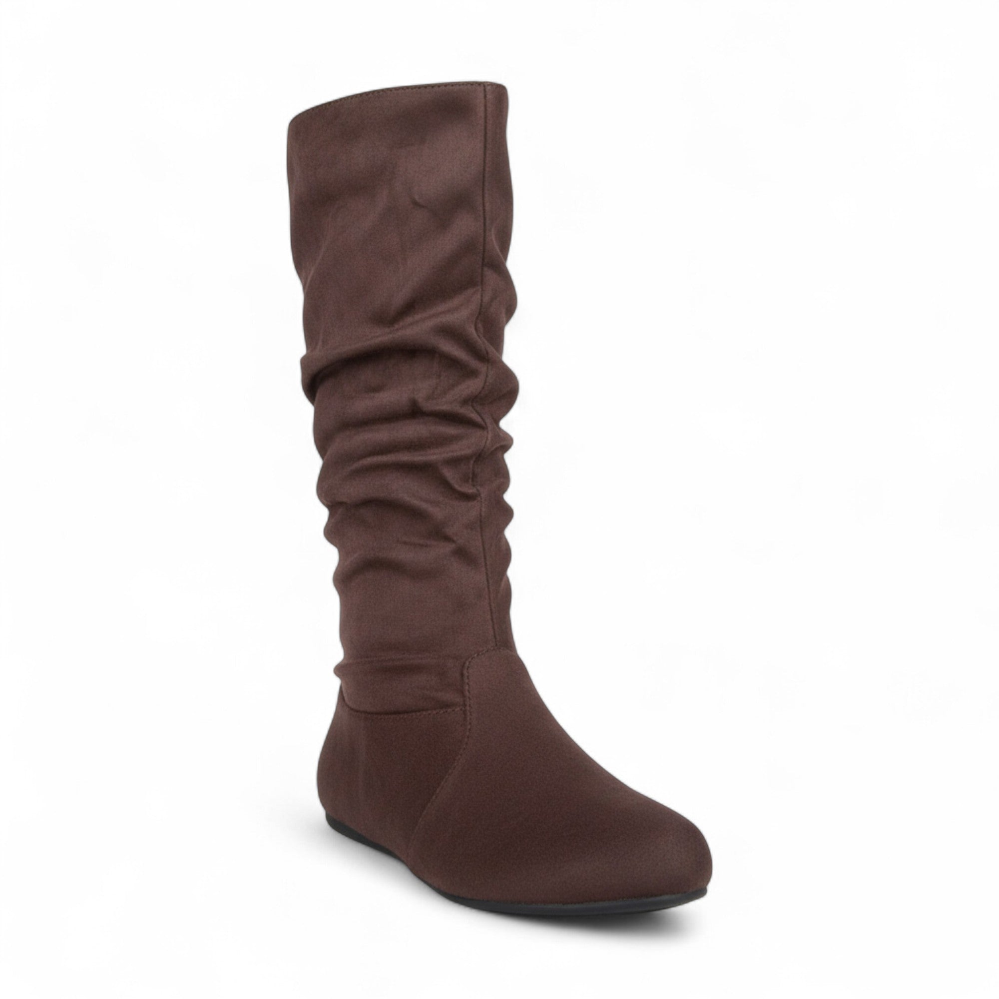Womens Soft Slouchy Mid-Calf Flat to Low Heel Pull On Fall Weather Winter Boots, Brown Suede