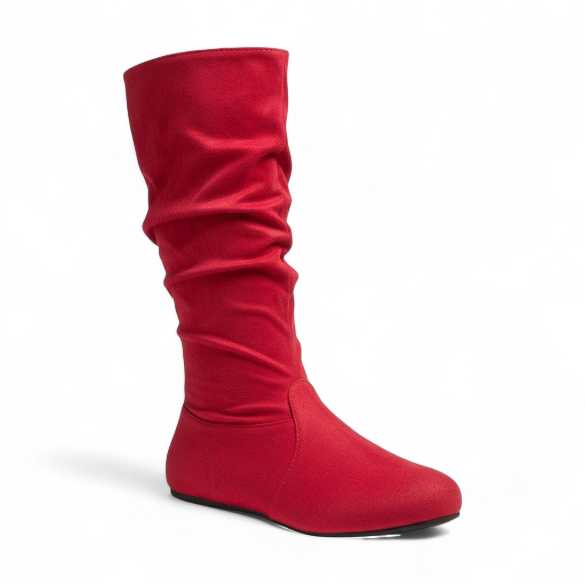 Womens Soft Slouchy Mid-Calf Flat to Low Heel Pull On Fall Weather Winter Boots, Red Suede