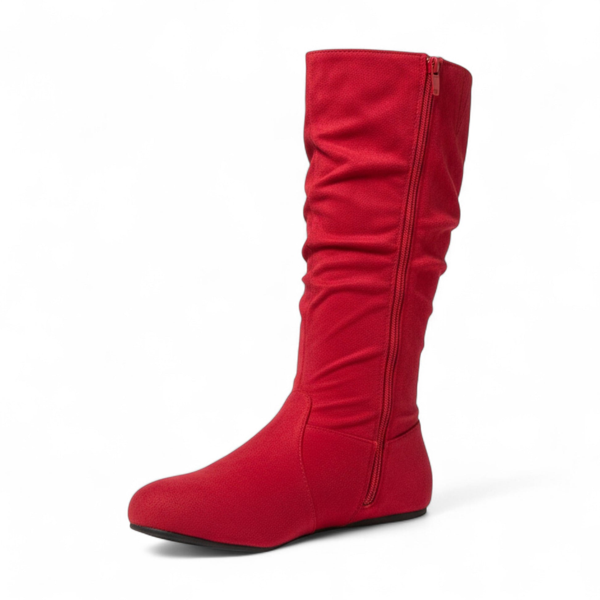 Womens Soft Slouchy Mid-Calf Flat to Low Heel Pull On Fall Weather Winter Boots, Red Suede
