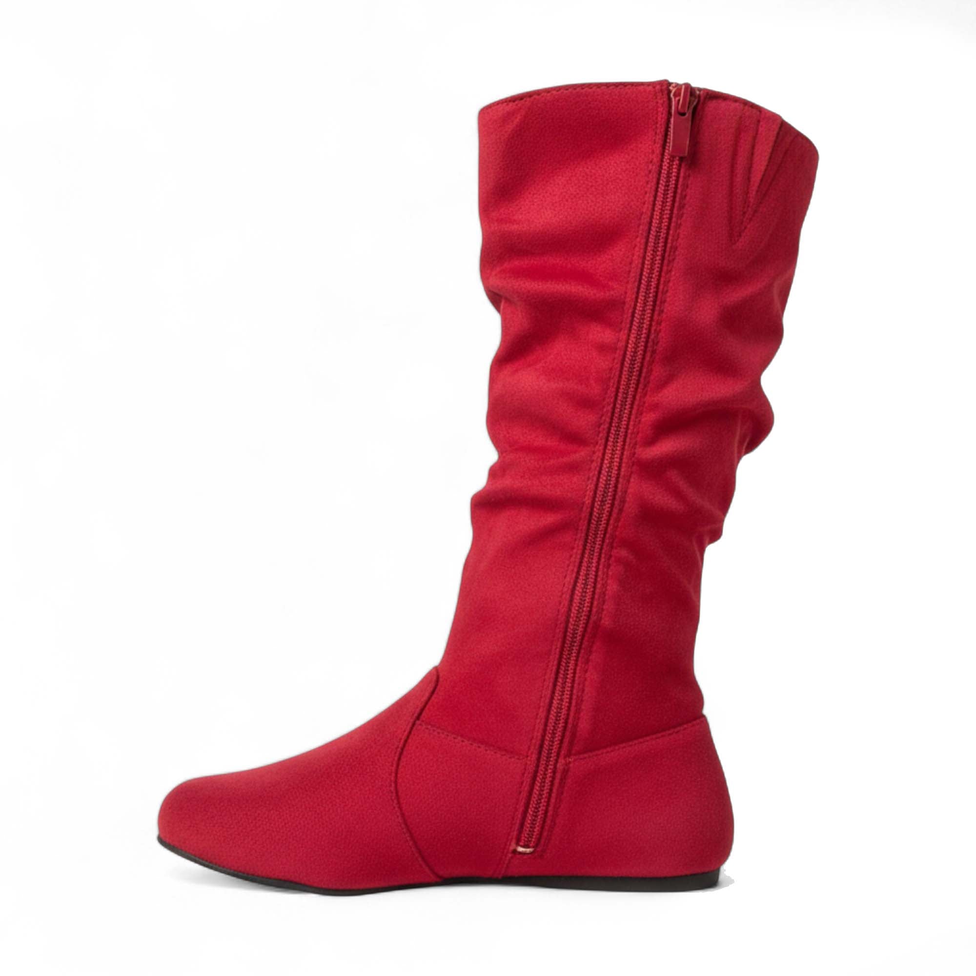 Womens Soft Slouchy Mid-Calf Flat to Low Heel Pull On Fall Weather Winter Boots, Red Suede