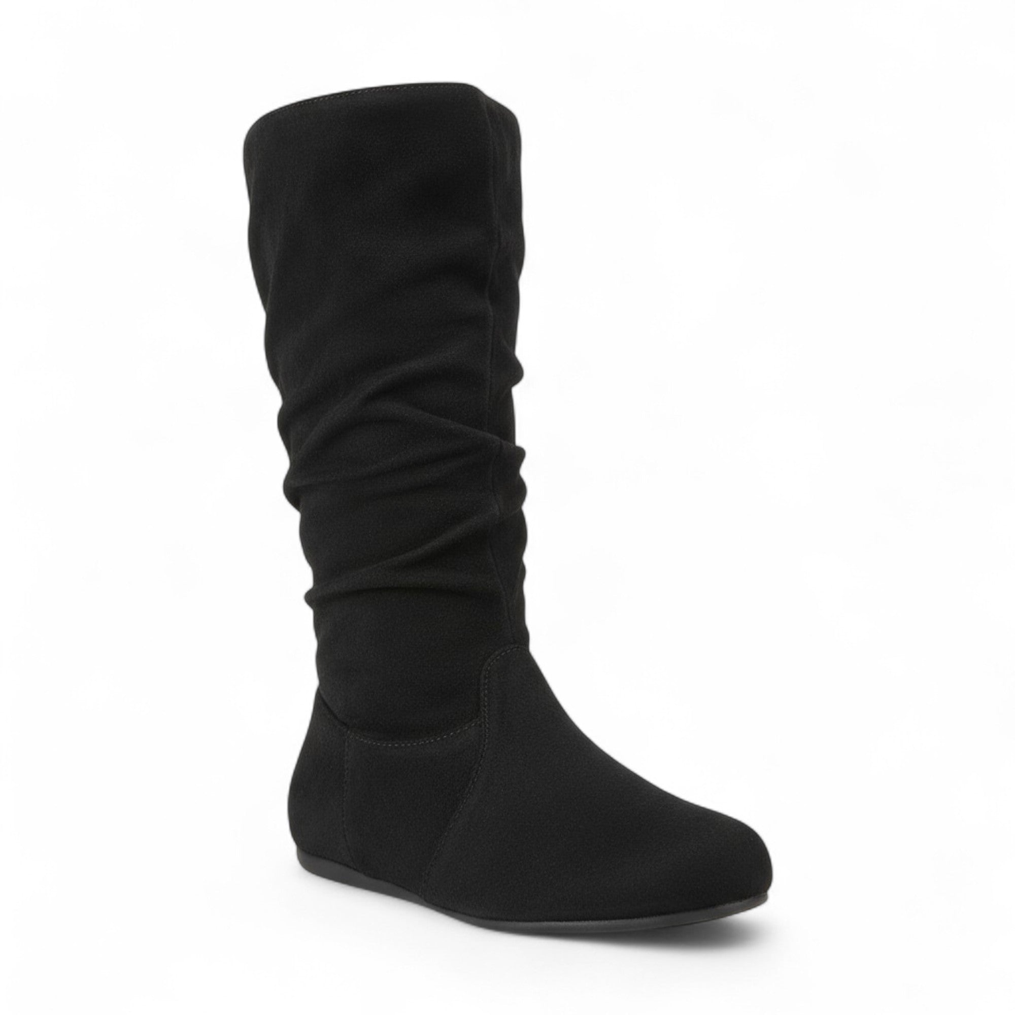 Womens Soft Slouchy Mid-Calf Flat to Low Heel Pull On Fall Weather Winter Boots, Black Suede