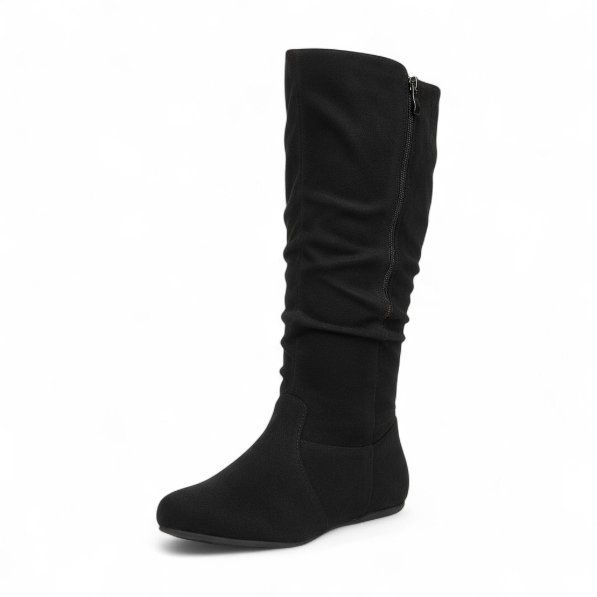 Womens Soft Slouchy Mid-Calf Flat to Low Heel Pull On Fall Weather Winter Boots, Black Suede