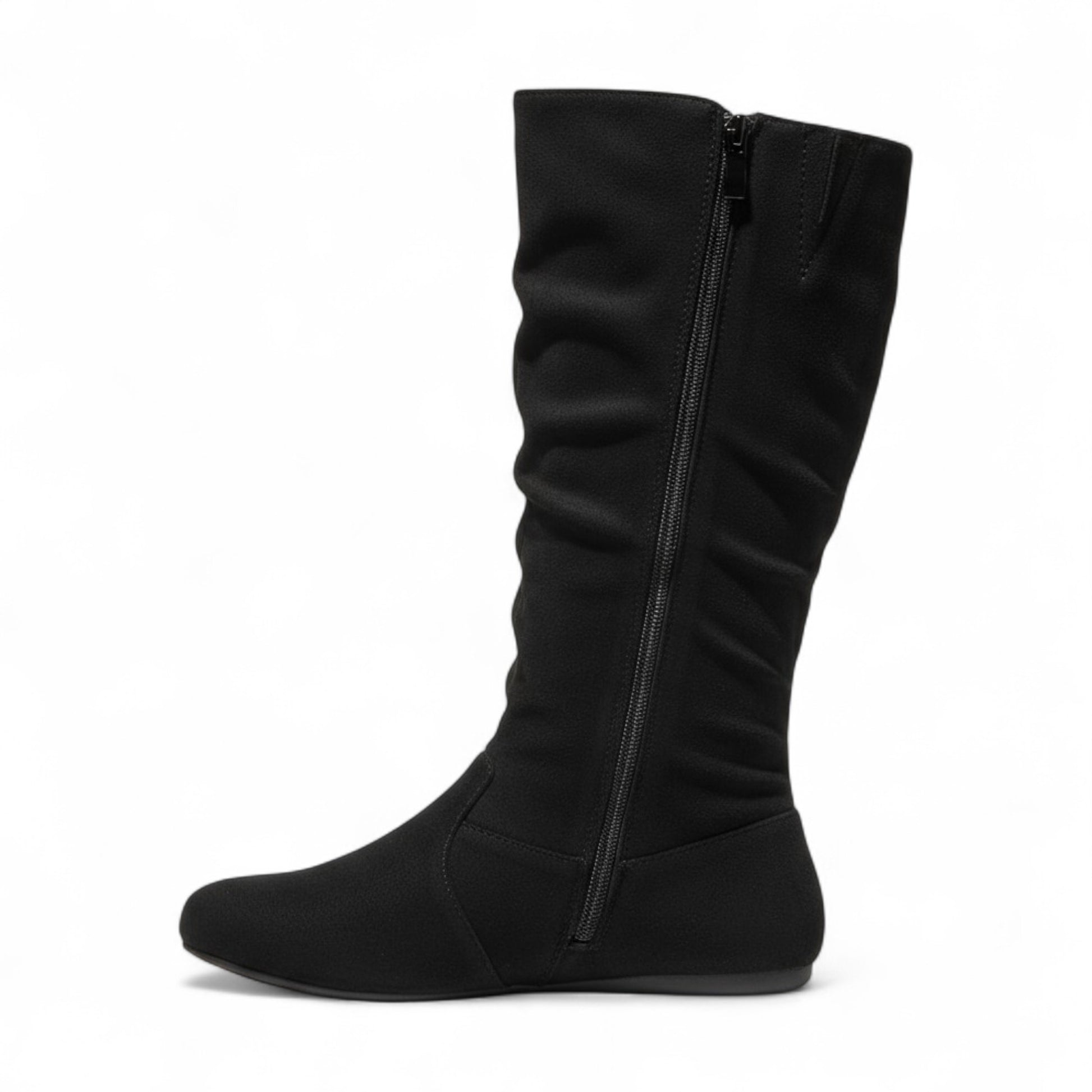 Womens Soft Slouchy Mid-Calf Flat to Low Heel Pull On Fall Weather Winter Boots, Black Suede