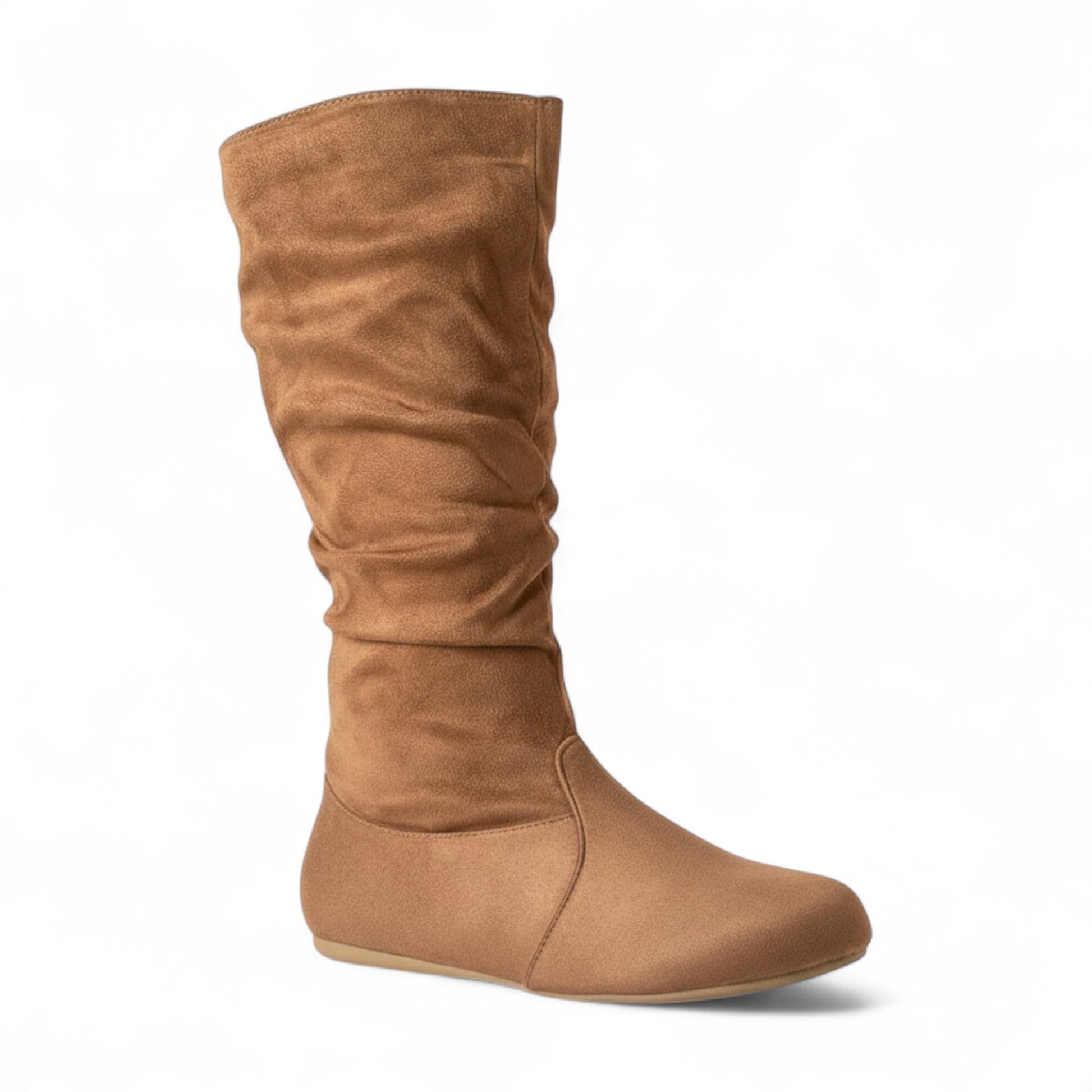 Womens Soft Slouchy Mid-Calf Flat to Low Heel Pull On Fall Weather Winter Boots, Tan Suede