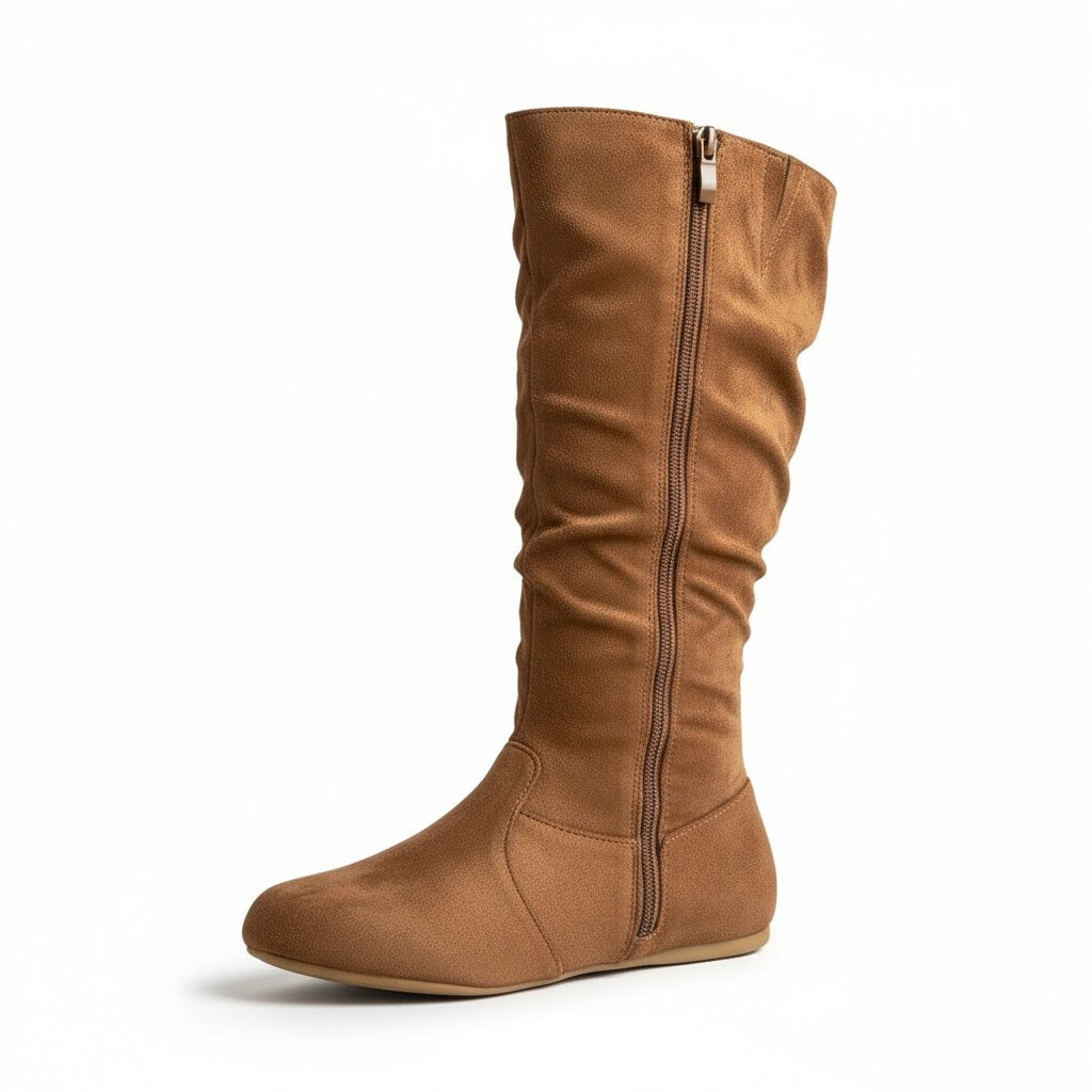 Womens Soft Slouchy Mid-Calf Flat to Low Heel Pull On Fall Weather Winter Boots, Tan Suede