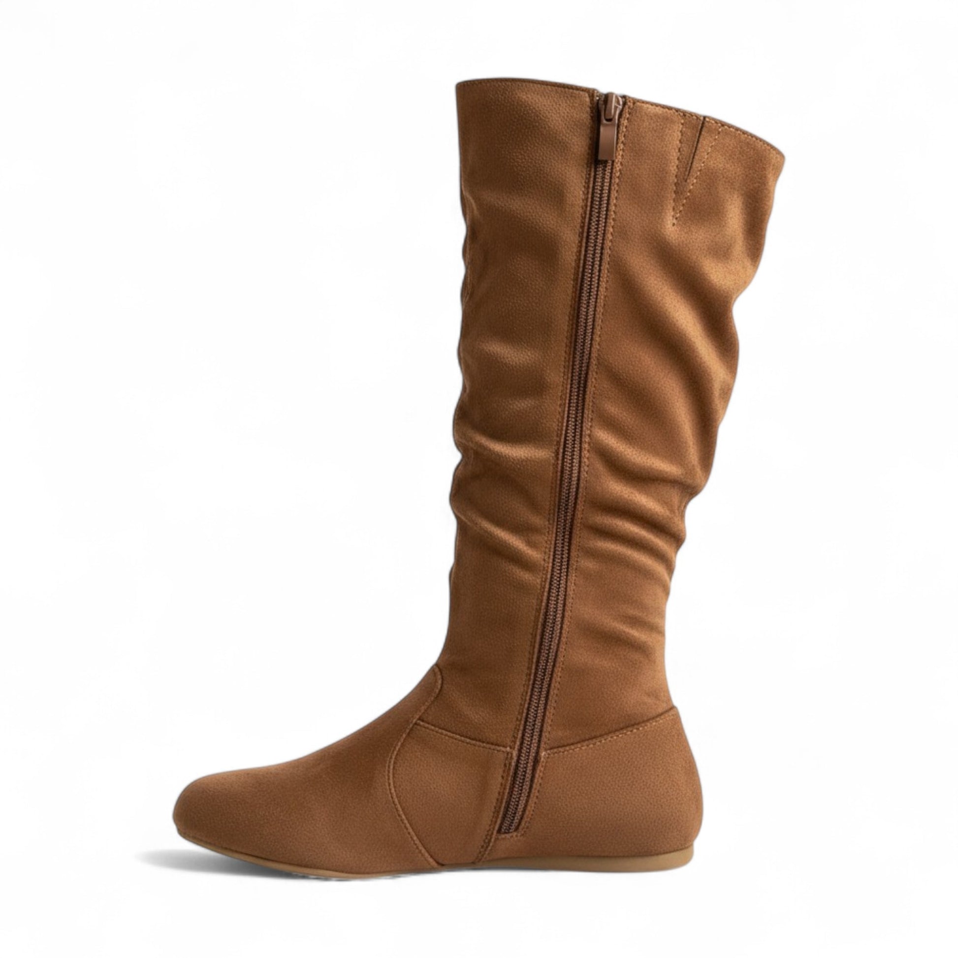 Womens Soft Slouchy Mid-Calf Flat to Low Heel Pull On Fall Weather Winter Boots, Tan Suede