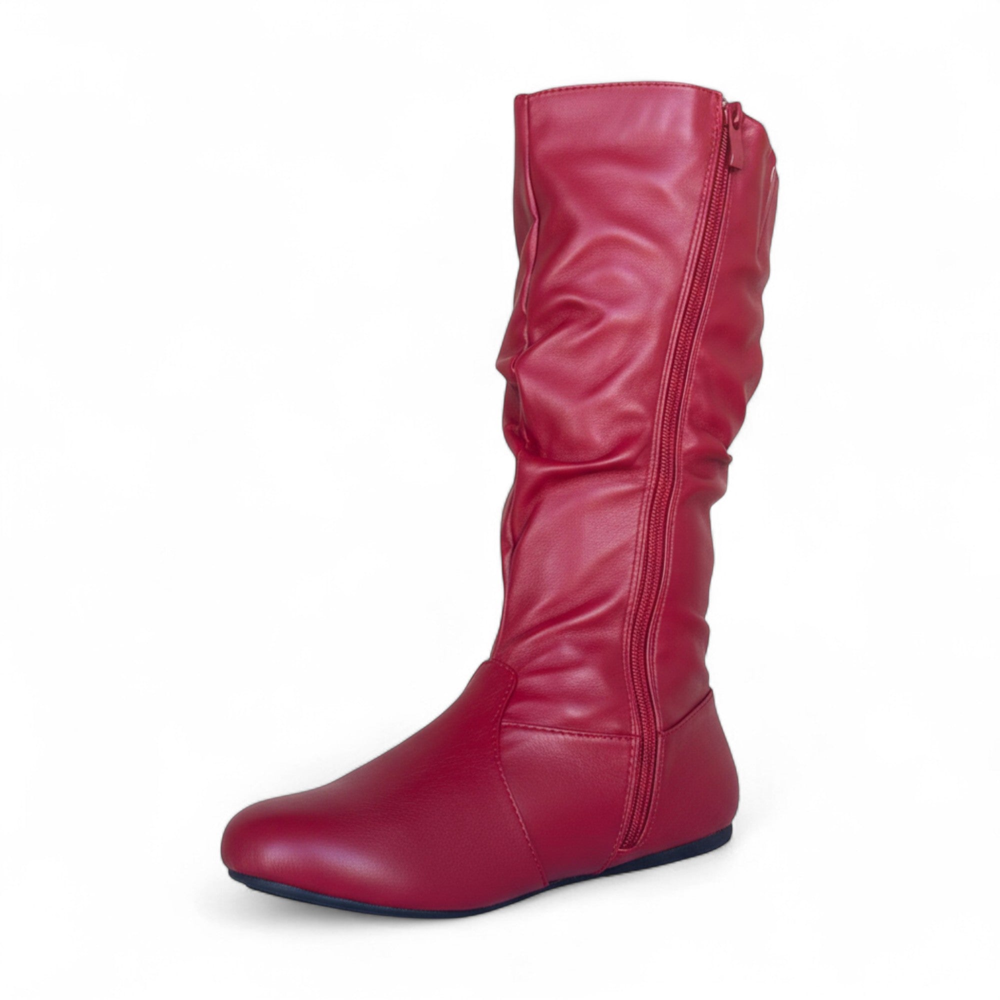 Womens Soft Slouchy Mid-Calf Flat to Low Heel Pull On Fall Weather Winter Boots, Red Pu